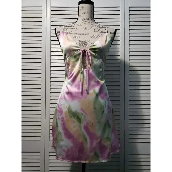 Et Clet Tie Dye Mini Slip Dress Women's Size Large Pink Yellow Strappy Lined - Picture 2 of 15